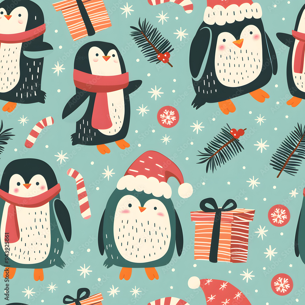 Fototapeta premium New Year's and Christmas festival seamless pattern in a 2D doodle illustrator style on pastel color backgrounds for graphic advertising.
