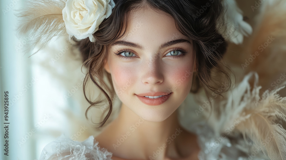 young smiling beautiful woman in white dress and with ribbon in hair with feathers on light background, girl, bride, model, 20s style, 1920s, retro, vintage, wedding, portrait, smile, eyes, hairstyle young smiling beautiful woman in white dress and with ribbon in hair with feathers on light background, girl, bride, model, 20s style, 1920s, retro, vintage, wedding, portrait, smile, eyes, hairstyle