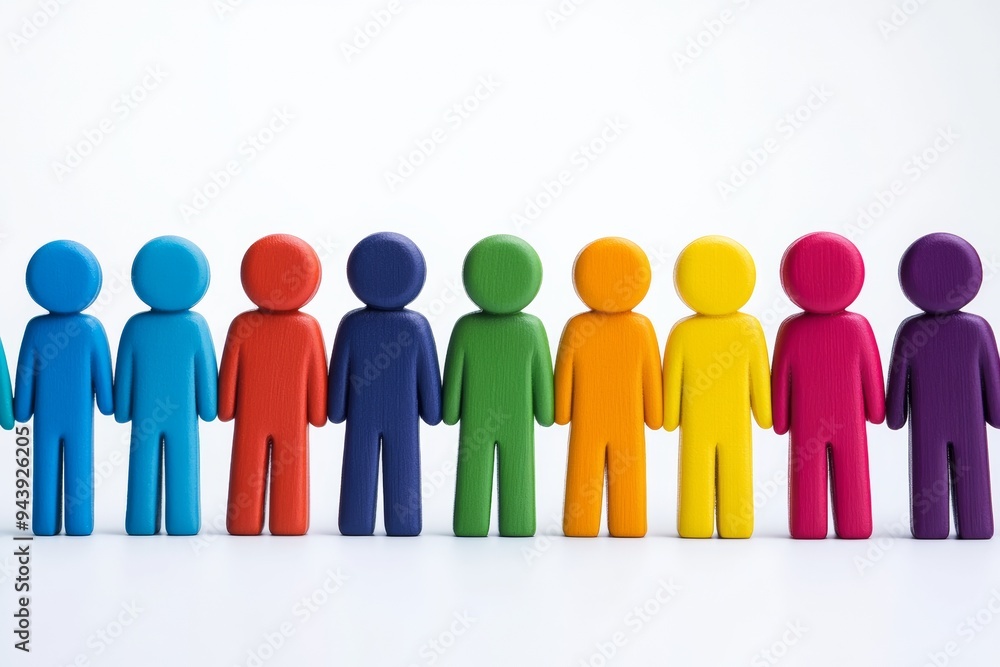 A row of colorful wooden figures symbolizing diversity, equality, and teamwork A row of colorful wooden figures symbolizing diversity, equality, and teamwork