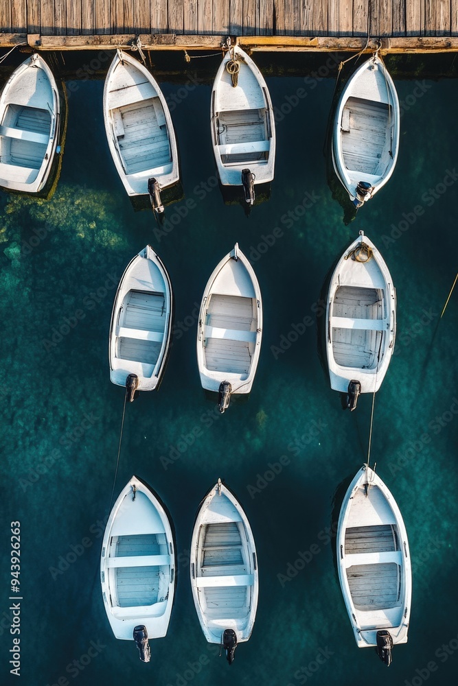 A row of white boats moored on a blue lake A row of white boats moored on a blue lake