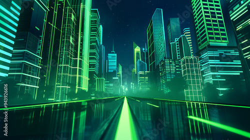 The Night city street with road and green neon, game background, Illustration