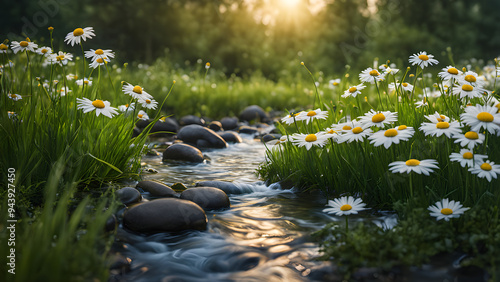 sunset over the lake and grass flowers