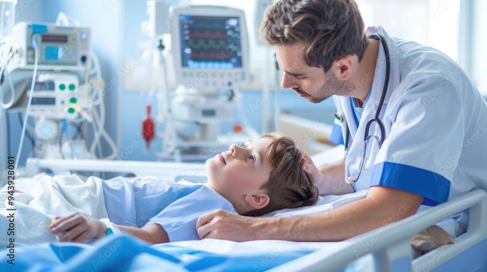 A doctor checking on a child patient in a hospital room A doctor checking on a child patient in a hospital room