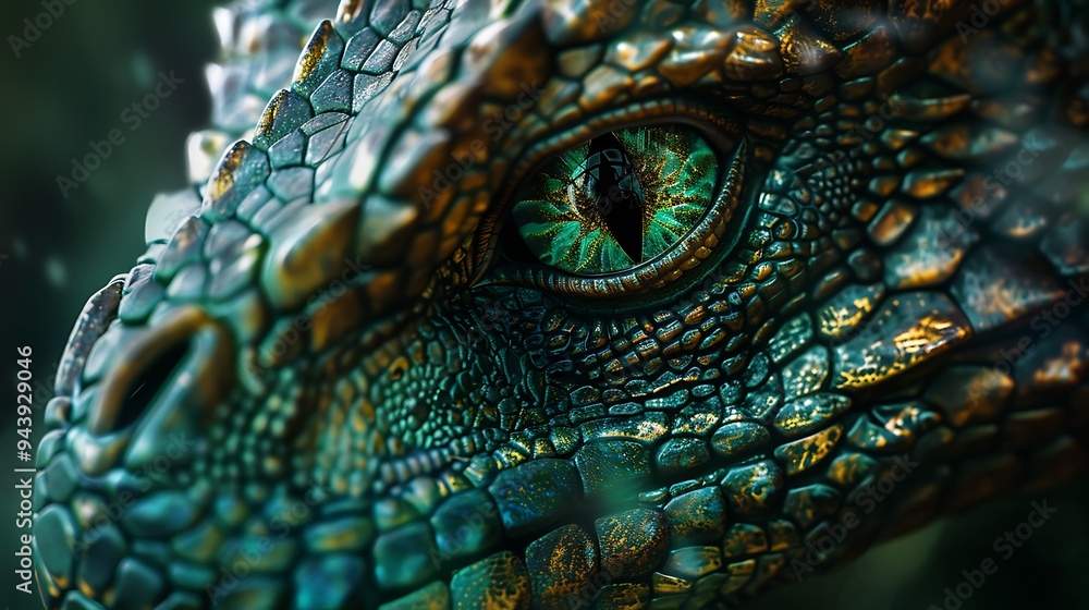 Fototapeta premium A magnified view of a scaled dragon head featuring a vivid green eye and shining scales