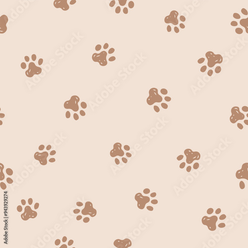 Dog paw seamless vector pattern. Beige animal repeat for doggie and pet products. Small elements all over print.