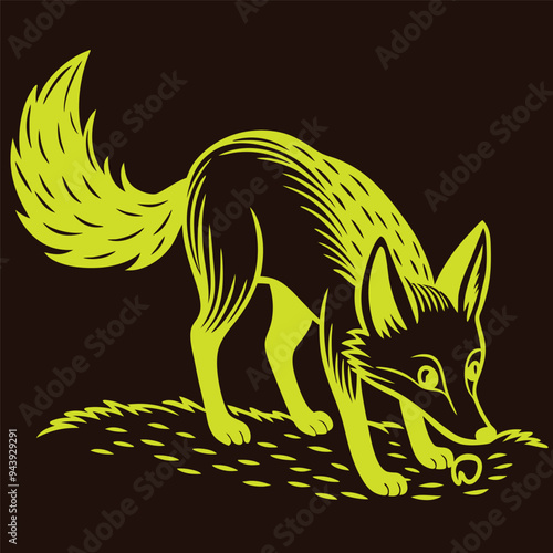 Curious Fox Sniffing Ground in Serene Forest - Silhouette Vector Art