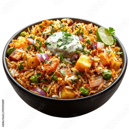 Delicious bowl of flavorful rice with vegetables, topped with fresh herbs and a side of creamy sauce.