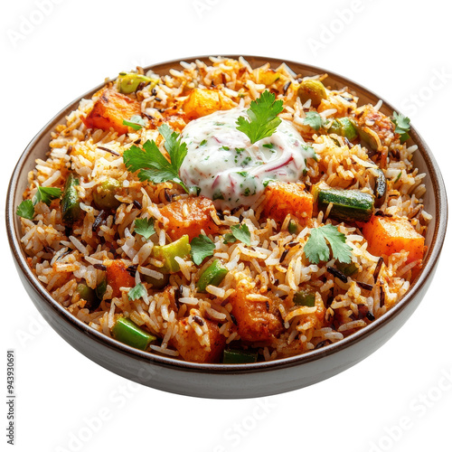 A vibrant bowl of spiced rice with vegetables, garnished with fresh herbs and a dollop of yogurt, perfect for a delicious meal.