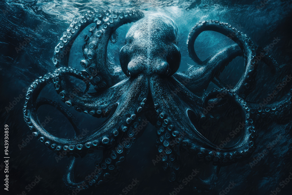 Obraz premium An Enigmatic Giant Squid Emerges from the Abyss, Showcasing Its Tentacles in the Mysterious Depths of the Ocean's Blue.