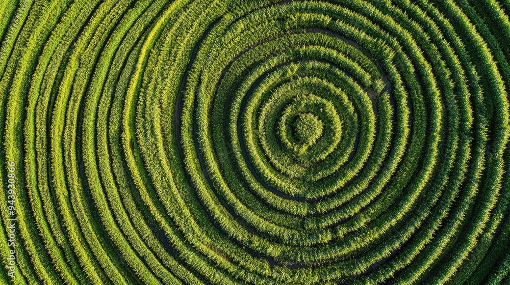 Aerial view of circular crop patterns created by irrigation systems on a farm Aerial view of circular crop patterns created by irrigation systems on a farm