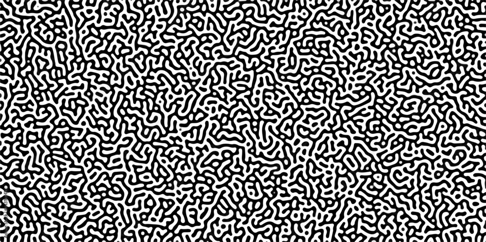 Turing reaction diffusion monochrome seamless pattern with chaotic motion. Linear design with biological shapes. Organic lines in Memphis. abstract truing organic wallpaper background.
Turing reaction diffusion monochrome seamless pattern with chaotic motion. Linear design with biological shapes. Organic lines in Memphis. abstract truing organic wallpaper background.