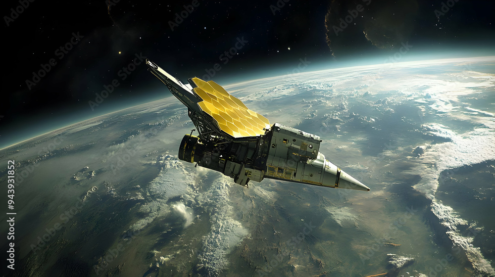 Obraz premium Spacecraft orbits above the Earth with a bright golden solar panel.