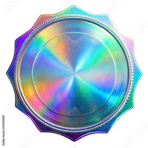 Holographic emblem, textured sticker on transparent background.