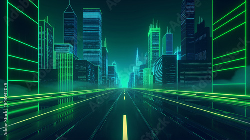 The Night city street with road and green neon, game background, Illustration