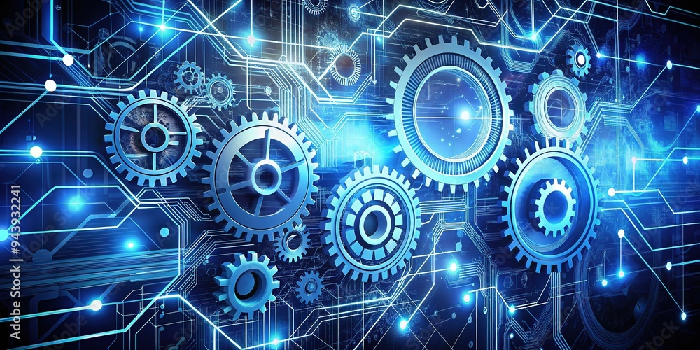 Obraz premium A futuristic abstract background featuring interconnected gears, disks, and circuits, symbolizing efficient data management, organization, and analysis for informed business decisions.
