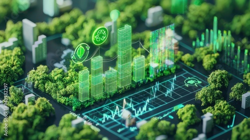 A digital illustration of a smart city with green technology integration, showcasing sustainable development, eco-friendly initiatives, and data analytics. 