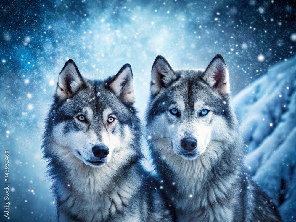 Loyal Companions Through the Blizzard: Majestic wolves or huskies facing the elements, loyalty and strength in snowy conditions, blue and gray tones. Loyal Companions Through the Blizzard: Majestic wolves or huskies facing the elements, loyalty and strength in snowy conditions, blue and gray tones.
