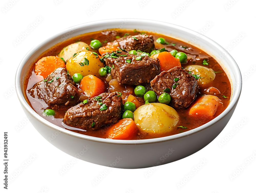 Delicious Beef Stew with Carrots, Potatoes, and Peas in a White Bowl on a Transparent Background Delicious Beef Stew with Carrots, Potatoes, and Peas in a White Bowl on a Transparent Background
