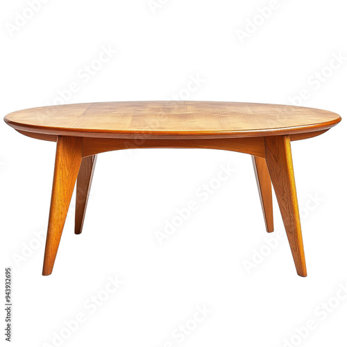 Stylish wooden coffee table with a smooth oval top and tapered legs, perfect for contemporary living spaces.