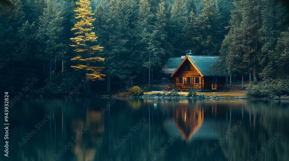 Obraz premium A rustic cabin nestled in the heart of an ancient forest, surrounded by towering pines and reflecting on crystal-clear waters. The focus is on the face of the cabin, which appears weathered and worn