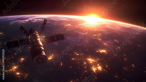 Spaceship orbiting Earth wi...