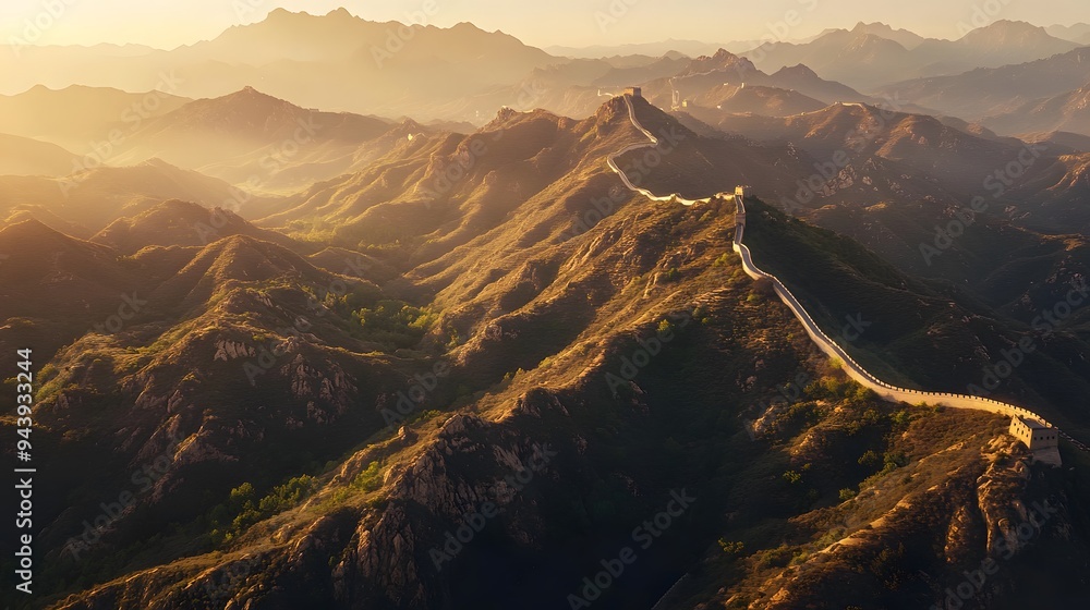 Great Wall at Sunrise: Bird's-eye view of the Great Wall of China snaking over rugged mountains at sunrise, with soft golden light illuminating the ancient stone structure.
Great Wall at Sunrise: Bird's-eye view of the Great Wall of China snaking over rugged mountains at sunrise, with soft golden light illuminating the ancient stone structure.