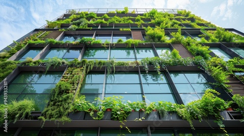 Urban Oasis - Close-Up of Commercial Building Facade Covered in Living Plants, Green Wall Concept