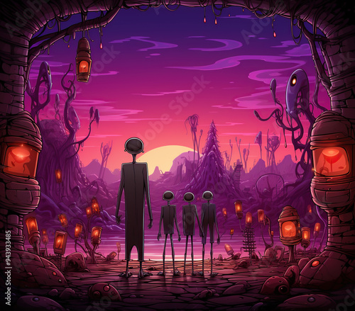 Four humanoid figures stand in a surreal alien landscape, bathed in purple and pink hues. The figures look out at a sprawling alien world, illuminated by glowing lanterns.