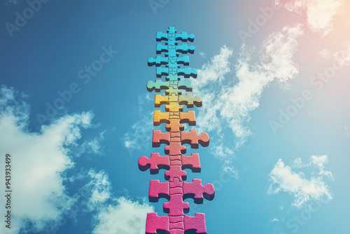 A Colorful Puzzle Ladder Reaches Upwards Against a Bright Blue Sky, Symbolizing Growth, Challenges, and Creative Solutions.