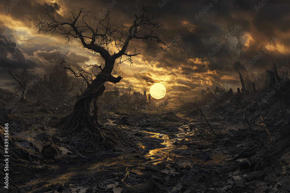 Fototapeta premium A desolate landscape shrouded in shadows, infused with a haunting beauty, where a bright sun eclipses the remnants of decay.