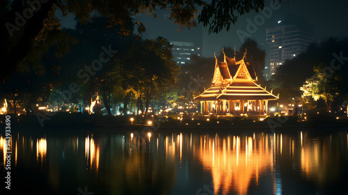 Golden Temple of Heaven at night by a serene lake in Bangkok, showcasing traditional Thai architecture and culture with a royal touch