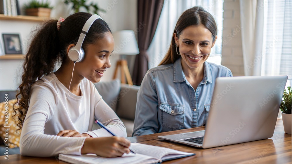 smiling woman in earphones sit at desk at home smiling woman in earphones sit at desk at home