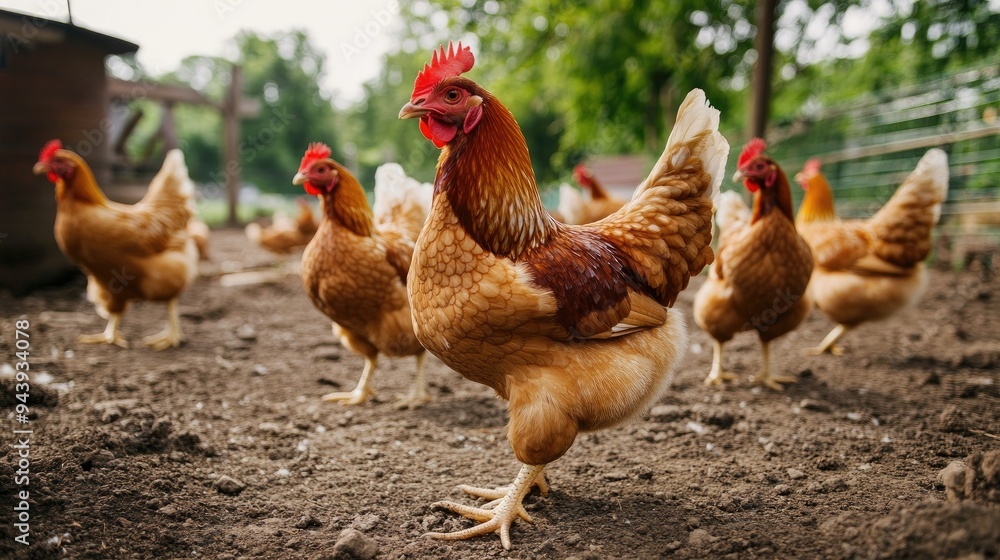 Fototapeta premium Chickens roaming freely in a farmyard, pecking at the ground for food