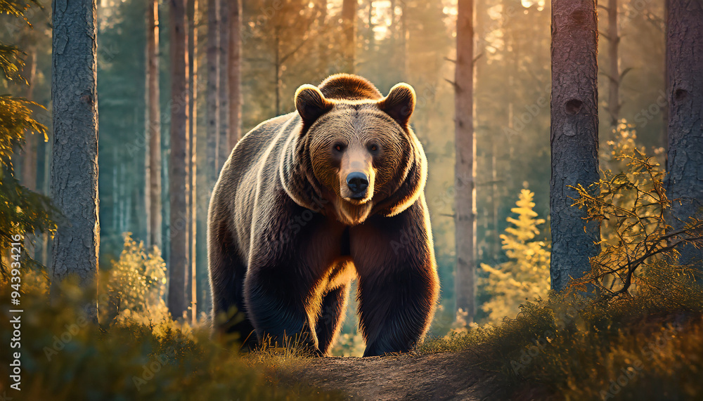 Brown bear stands in forest landscape. Beauty of wildlife natural habitat. Serene nature environment Brown bear stands in forest landscape. Beauty of wildlife natural habitat. Serene nature environment