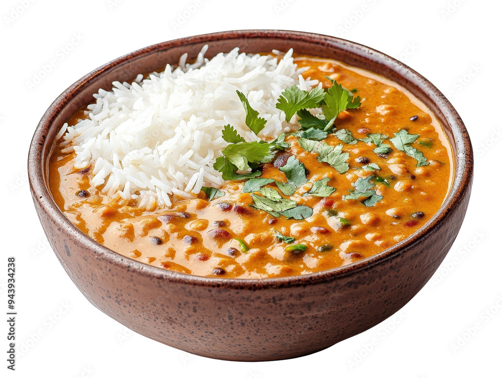 Delicious bowl of lentil curry topped with fresh herbs, served with fluffy white rice on a rustic wooden table. Delicious bowl of lentil curry topped with fresh herbs, served with fluffy white rice on a rustic wooden table.