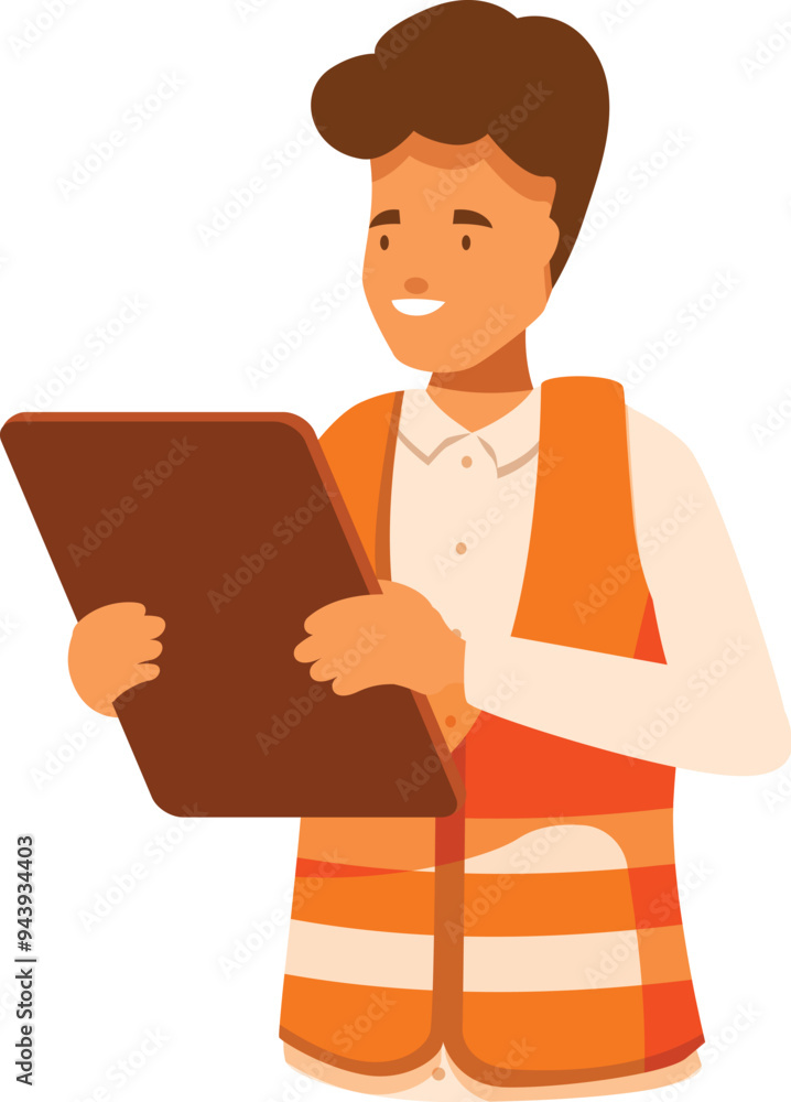 Warehouse worker wearing an orange safety vest holding a clipboard Warehouse worker wearing an orange safety vest holding a clipboard