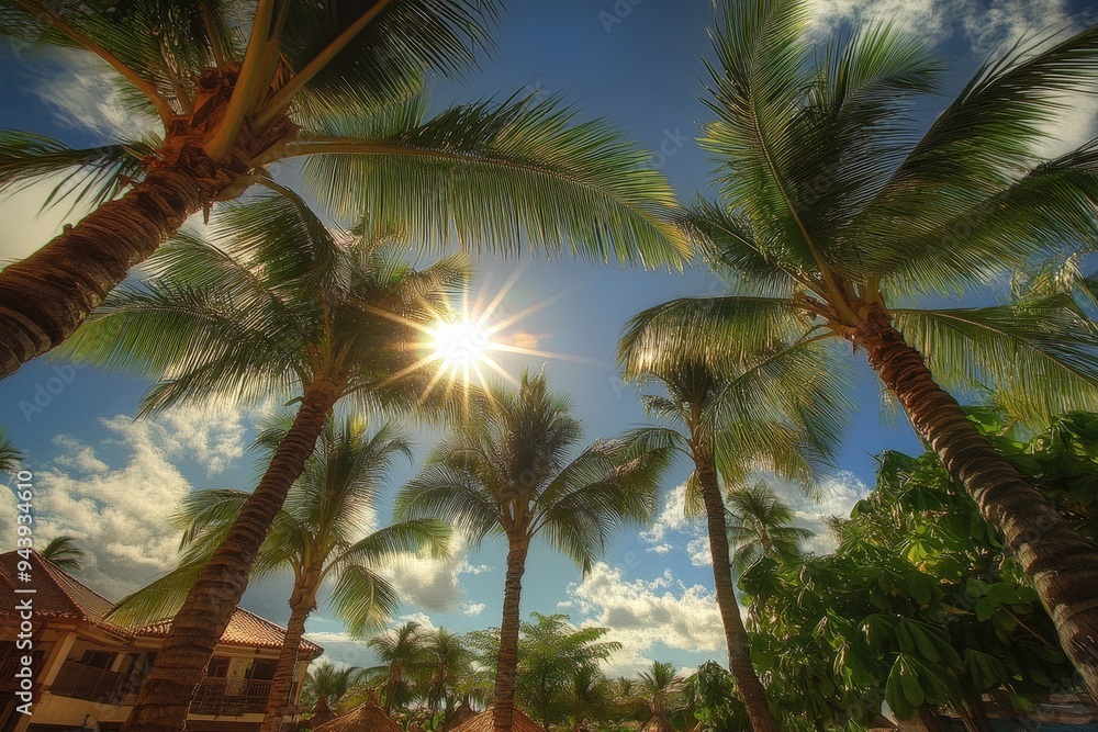 Fototapeta premium Palm trees and a bright blue sky with a sun.