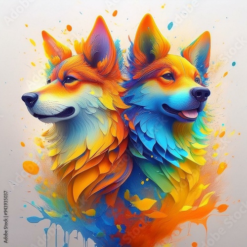 Tow dogs standing opposite side on their backs, on a white background