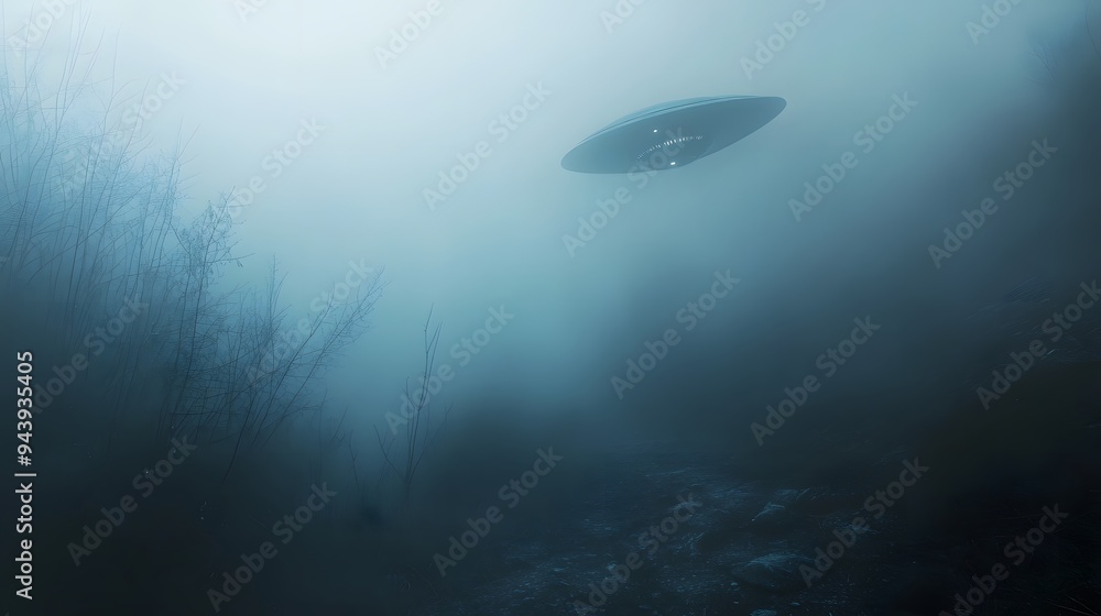 An eerie, foggy landscape with a UFO emerging through the mist, dim, ambient lighting creating a mysterious atmosphere, detailed view of the craft and fog, background of a blurred, shadowy An eerie, foggy landscape with a UFO emerging through the mist, dim, ambient lighting creating a mysterious atmosphere, detailed view of the craft and fog, background of a blurred, shadowy