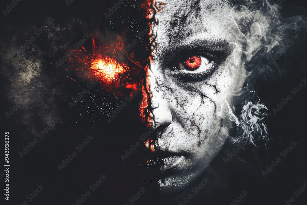 A haunting representation of the struggle between light and darkness within a person, depicting emotional turmoil and conflict. A haunting representation of the struggle between light and darkness within a person, depicting emotional turmoil and conflict.