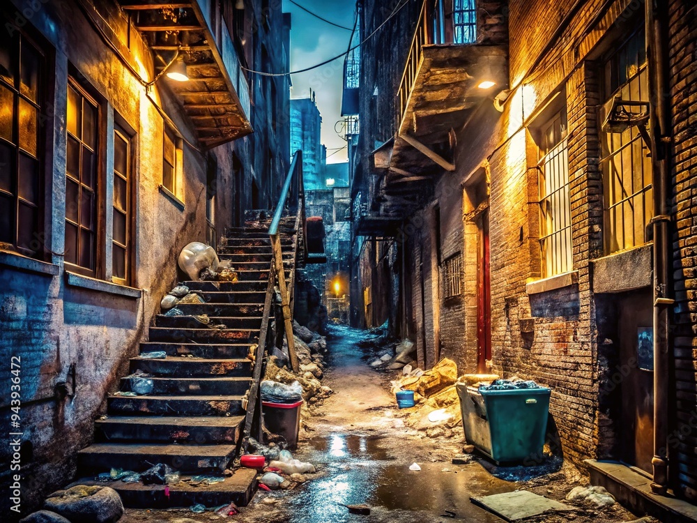A grimy, rundown urban alleyway with decrepit buildings, scattered trash, and a dimly lit stairwell, evoking a sense of despair and drug addiction. A grimy, rundown urban alleyway with decrepit buildings, scattered trash, and a dimly lit stairwell, evoking a sense of despair and drug addiction.