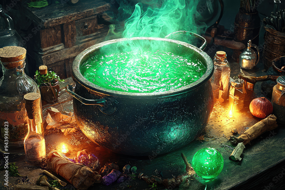A mesmerizing scene of a bubbling cauldron filled with vibrant green potion, surrounded by magical ingredients and glowing lights. A mesmerizing scene of a bubbling cauldron filled with vibrant green potion, surrounded by magical ingredients and glowing lights.