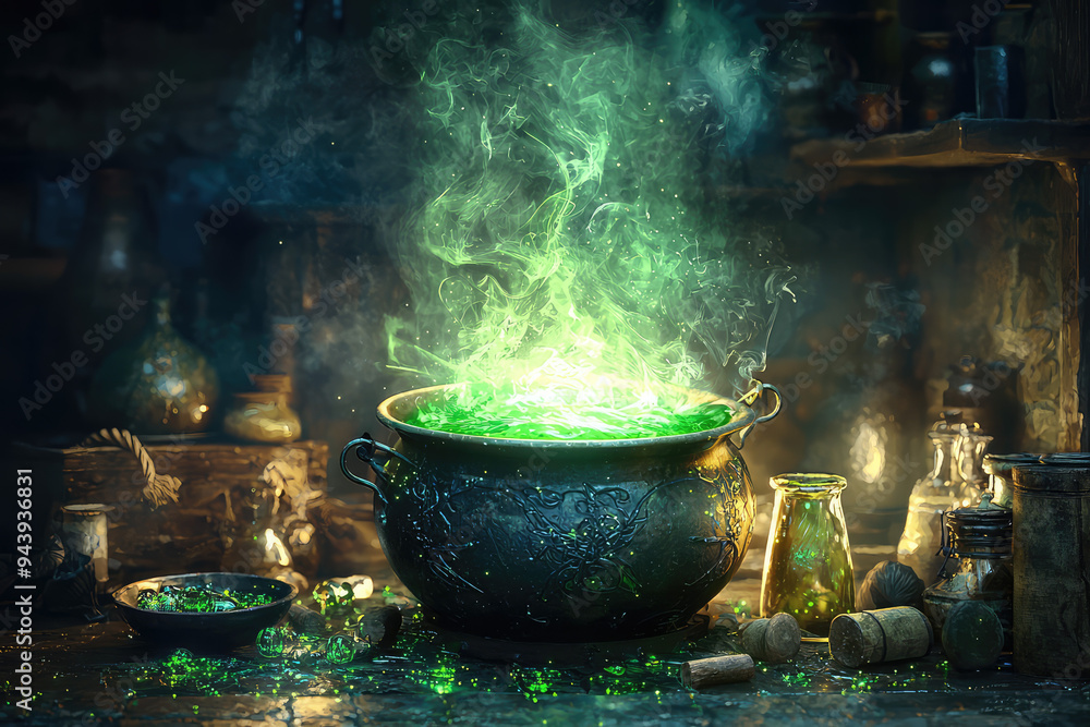 A mesmerizing cauldron bubbles with a vibrant green potion, surrounded by mystical artifacts in a shadowy, magical ambiance. A mesmerizing cauldron bubbles with a vibrant green potion, surrounded by mystical artifacts in a shadowy, magical ambiance.