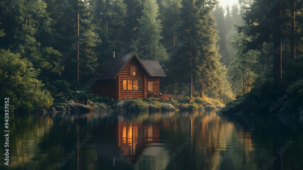 Obraz premium A rustic cabin nestled in the heart of an ancient forest, surrounded by towering pines and reflecting on crystal-clear waters. The focus is on the face of the cabin, which appears weathered and worn