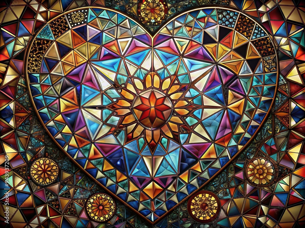 Mosaic Heart Alchemy: Geometric heart fragments, kaleidoscopic patterns, metallic accents Mosaic Heart Alchemy: Geometric heart fragments, kaleidoscopic patterns, metallic accents