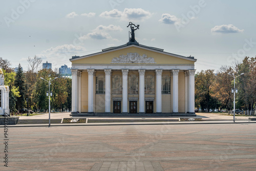 The beautiful theater building on the central square of Belgorod, a city in Russia close to Ukraine border, in old Soviet architecture style, during summer.
 photo