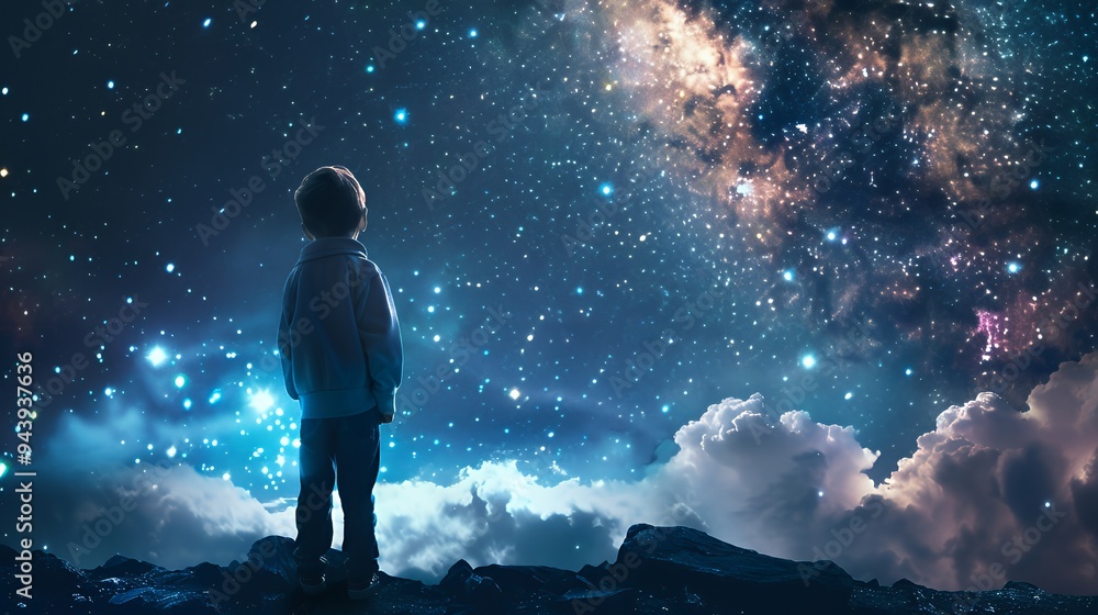 A child gazing at a starry galaxy, evoking wonder and curiosity about the universe. A child gazing at a starry galaxy, evoking wonder and curiosity about the universe.