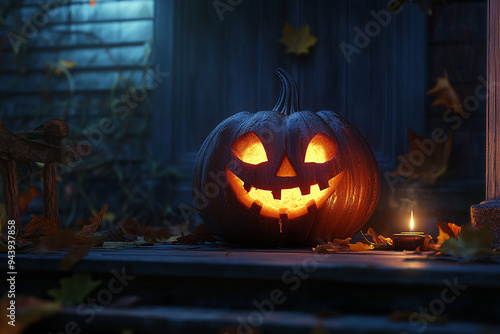 A high-resolution, realistic stock photography image of a spooky carved pumpkin with a glowing candle inside, placed on a rustic porch surrounded by autumn leaves and eerie shadows