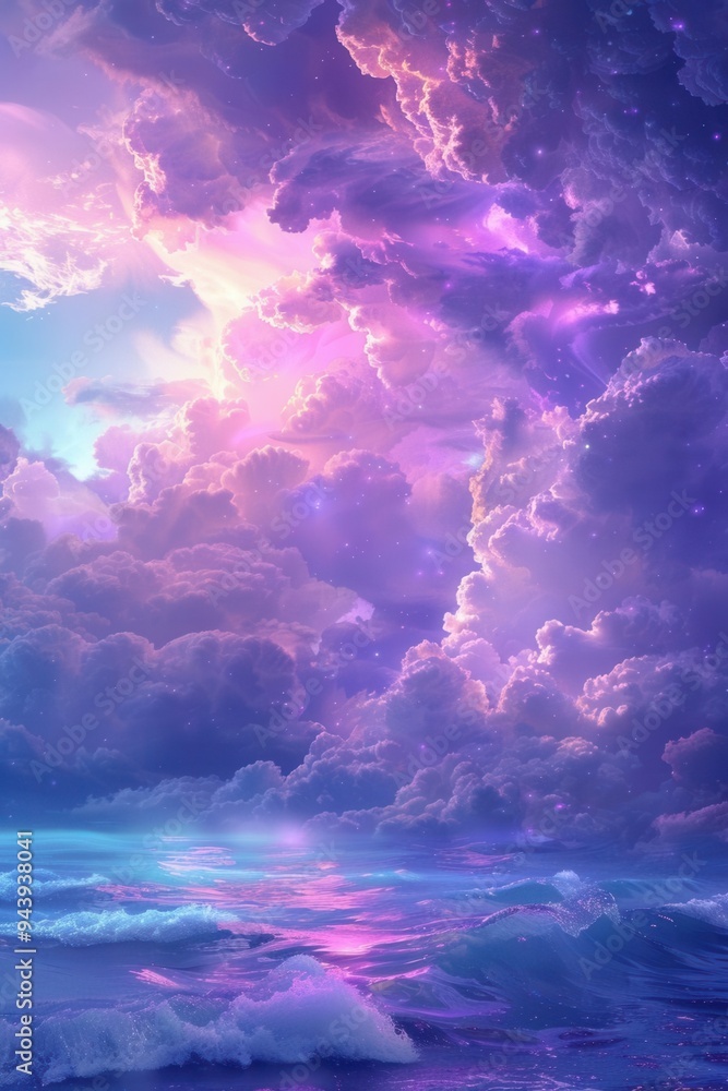 Surreal fantasy landscape featuring purple cumulus clouds, bathed in soft, glowing light Abstract and whimsical, perfect for creating a magical background Surreal fantasy landscape featuring purple cumulus clouds, bathed in soft, glowing light Abstract and whimsical, perfect for creating a magical background