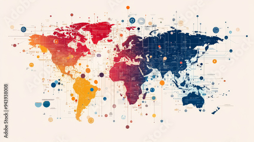 Fototapeta Naklejka Na Ścianę i Meble -  A colorful world map with many dots and lines